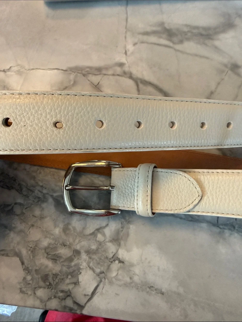 W. Kleinberg White Pebbled Leather Belt with Silver Buckle